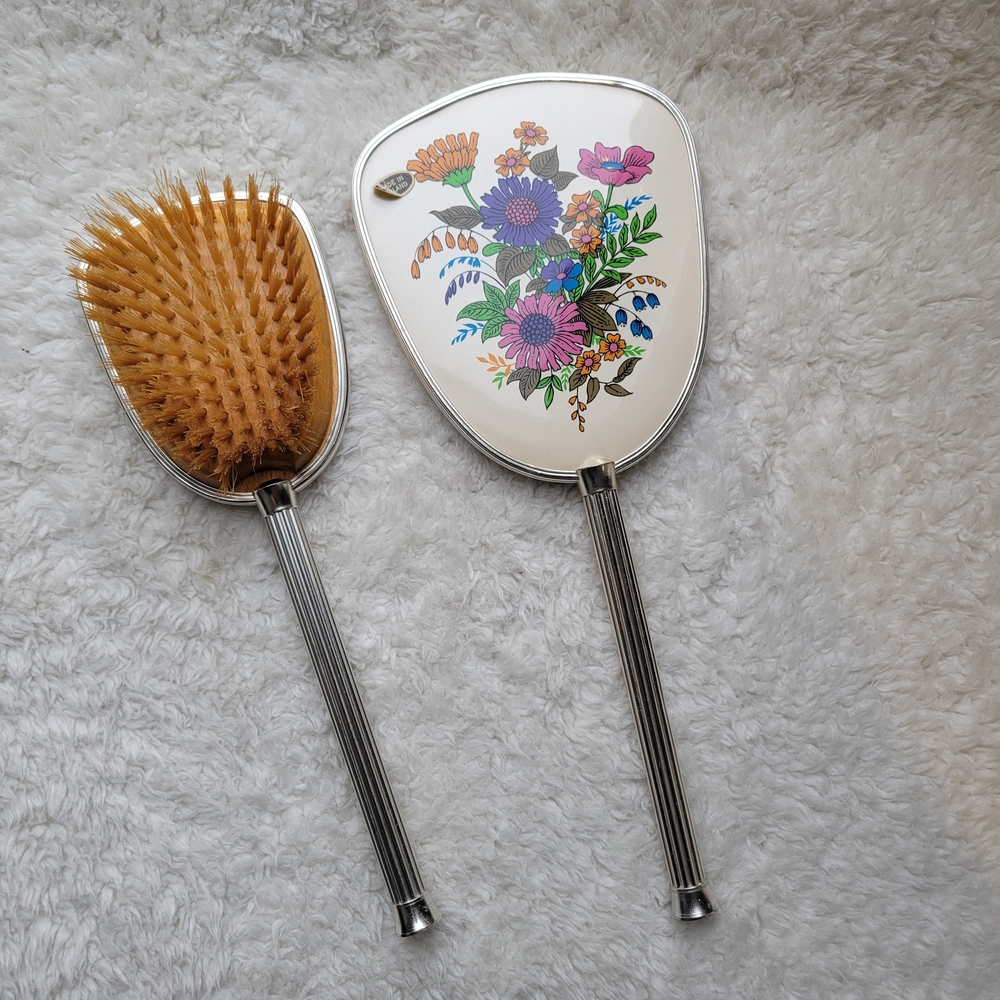 MCM Floral Hand Mirror and Brush Set Made in England